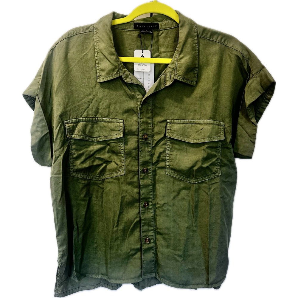 Sanctuary So Cal Button Down Shirt Olive Green Utility Short Sleeve NWT Size L